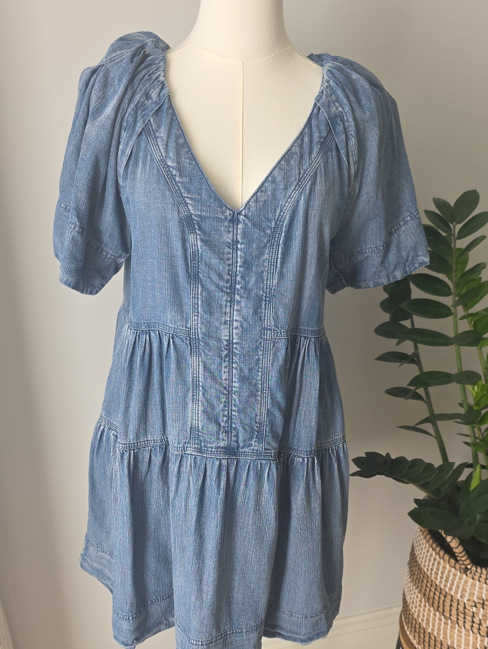 mittoshop Light Blue Denim V-Neck Tiered Mini Dress